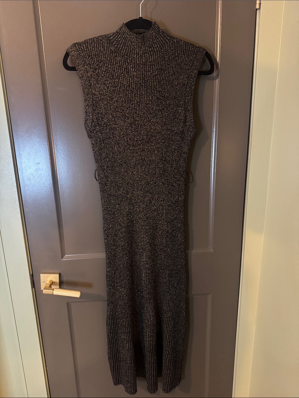 Donna Karan Sleeveless Ribbed Maxi Dress in black/gold with modern metal belt